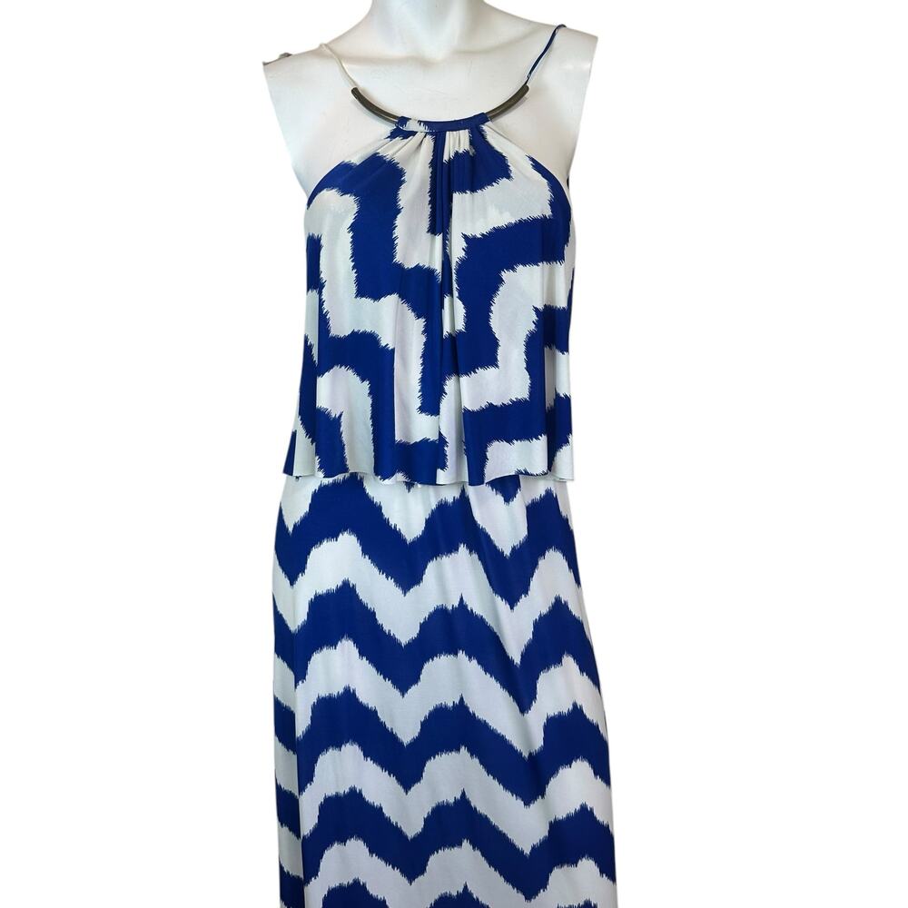 T-Bags Los Angeles Blue and White Chevron Print Jersey Maxi Dress sz XS - Picture 3 of 16